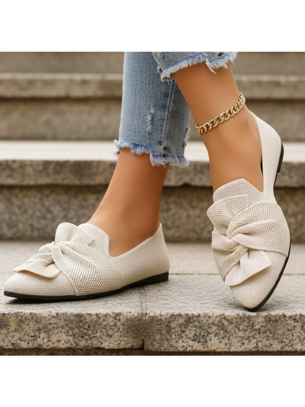 Oversized Twisted Bow Mesh Knit Pointed Toe Flats Slip-On Ballet Shoes Loafers